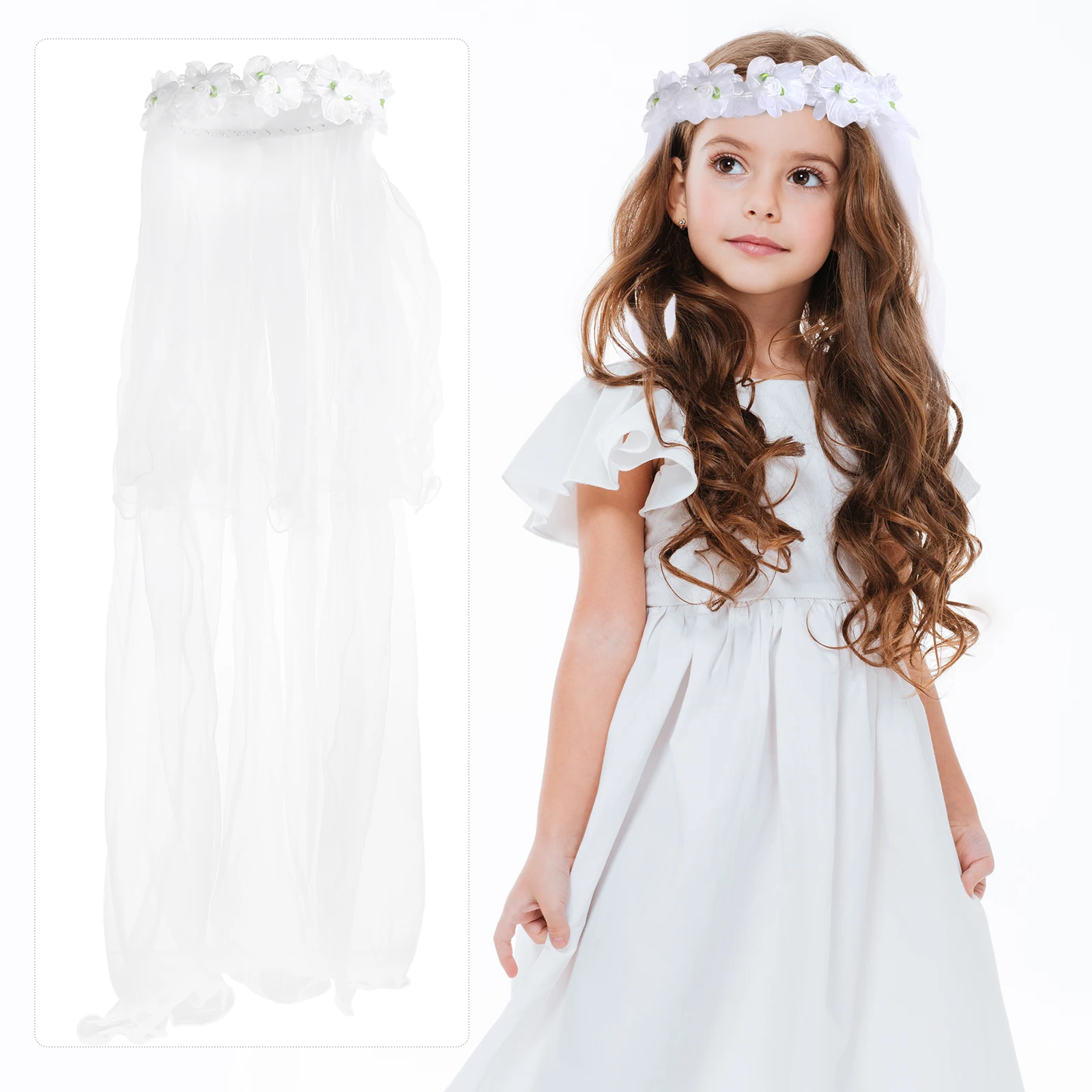 

1pc Gauze Veil Garland Flower Wreath Headband Girls Crown With Veil Garland Children Wedding Headdress Accessory 90x20cm