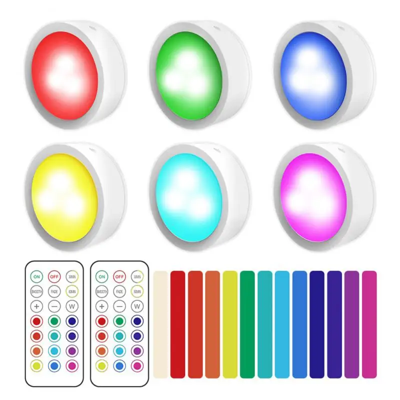 

Colorful LED Cabinet Light w/Remote Control Wireless Puck Light Dimmable Touch Sensor Night Lamp for Kitchen Stair Closet Decor