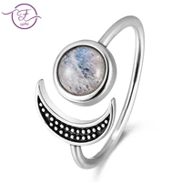 original design moon shape adjustable open ring natural moonstone female top fashion silver jewelry wedding ring wholesale