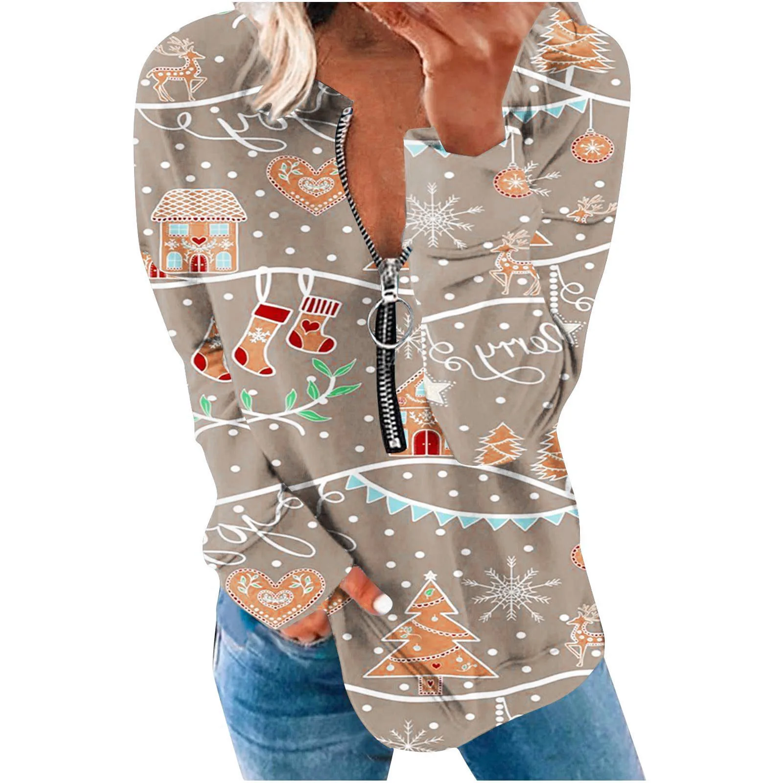 

Женский Рождественский кардиган с круглым вырезом, длинным рукавом и молнией на четверть