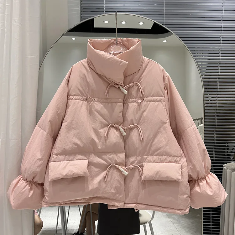 New Korean Button Women's Short Down Jacket Loose Thin White Duck Down Jacket Winter Long Sleeve Solid Color Warm Clothes F744