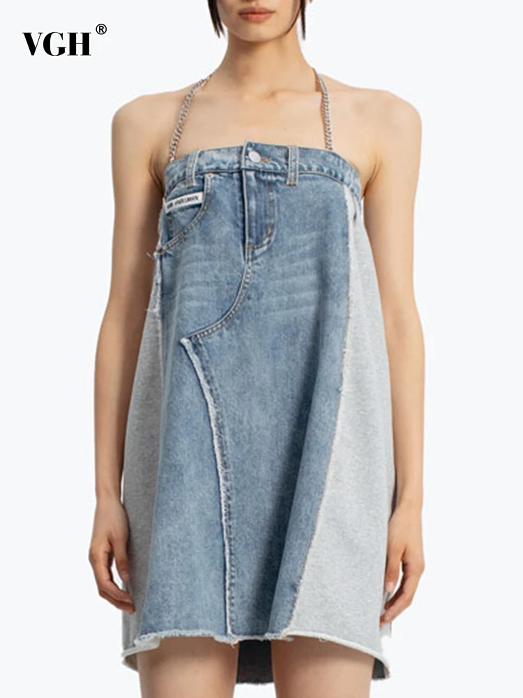 

VGH Sexy Hot Denim Dress For Women Halter Sleeveless Patchwork Colorblock High Waist Loose Mini Dresses Female 2022 Clothing New