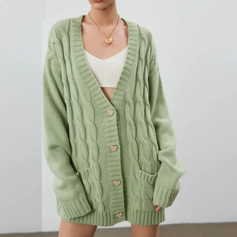 

Women's Long Sweater Cardigans 2021 Autumn and Winter New Pockets Button Sweet Loose Midi Knitted Cardigan Purple Sweaters Green