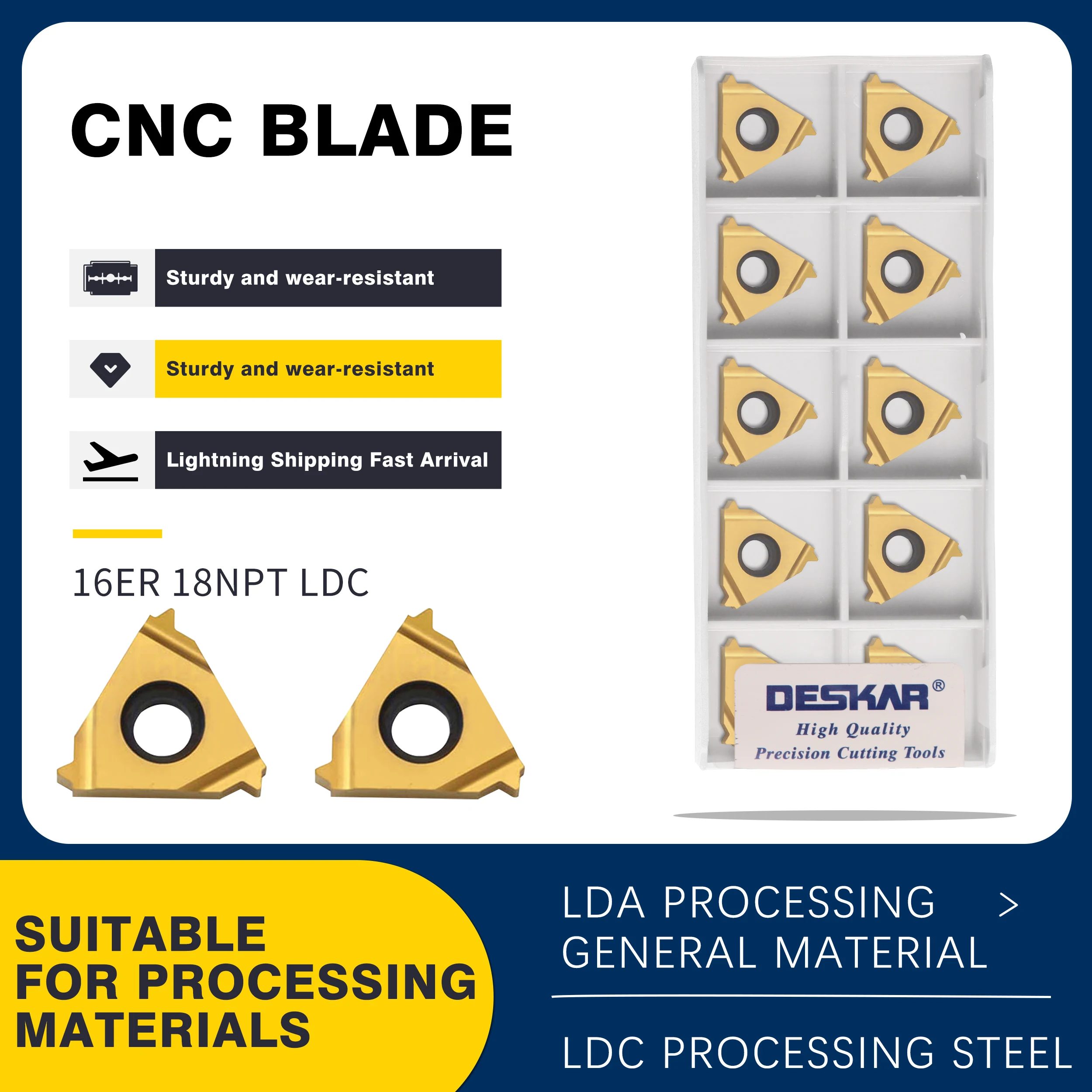 

10pcs Threading Inserts 16ER 11.5NPT LDA 16IR 14NPT LDC 16ER 18NPT LDA Carbide Blade CNC Lathe Threading Turning Tool, For Steel