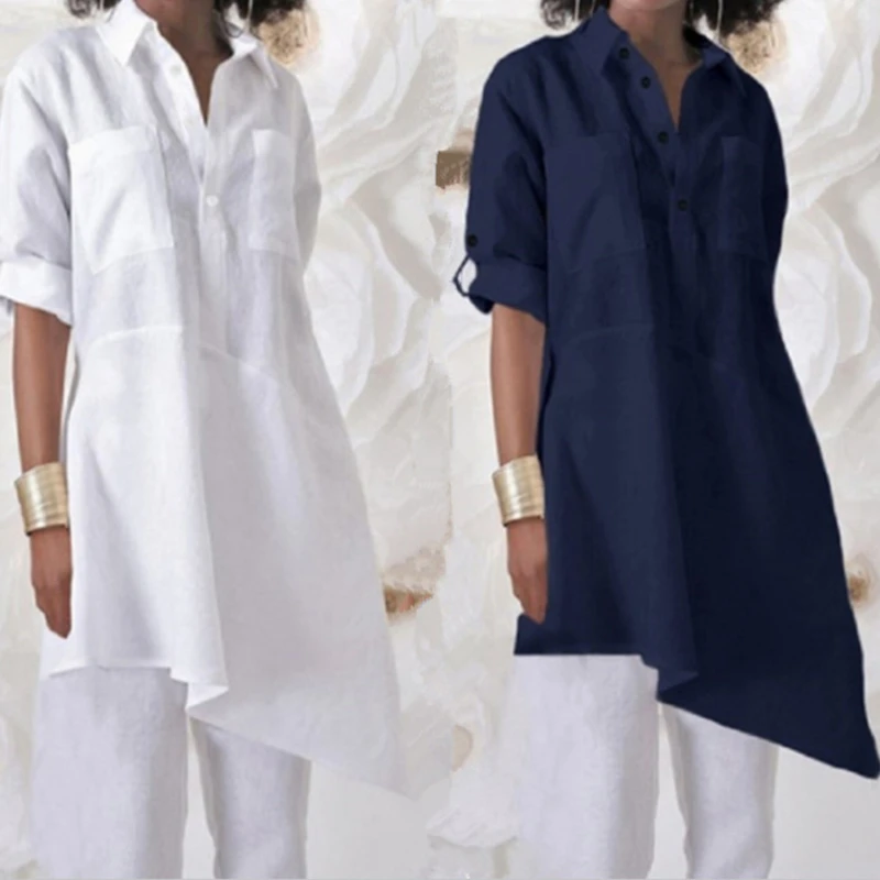 

Женская рубашка средней длины, Повседневная Свободная рубашка с длинными рукавами, отложным воротником и асимметричным подолом, весна-лето 2023