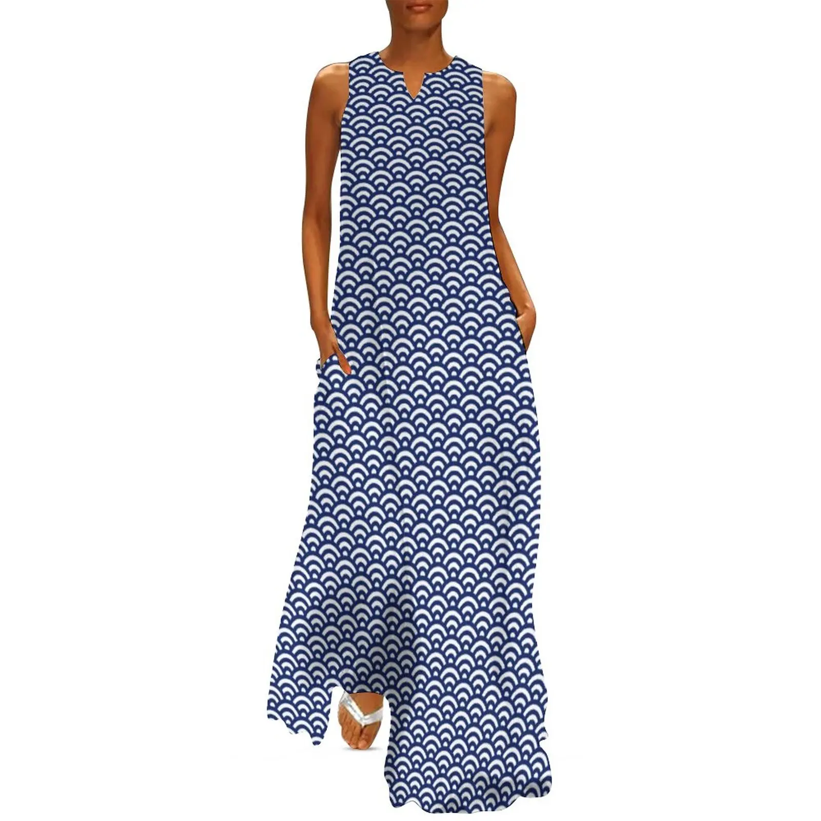 

Vintage Saigaiha Dress Japanese Blue Wave Sexy Maxi Dress V Neck Print Casual Long Dresses Street Style Big Size Clothing
