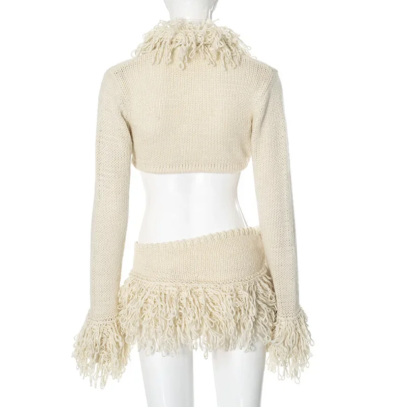 Сексуальный женский вязаный свитер с кисточками кардиган юбки разрезом