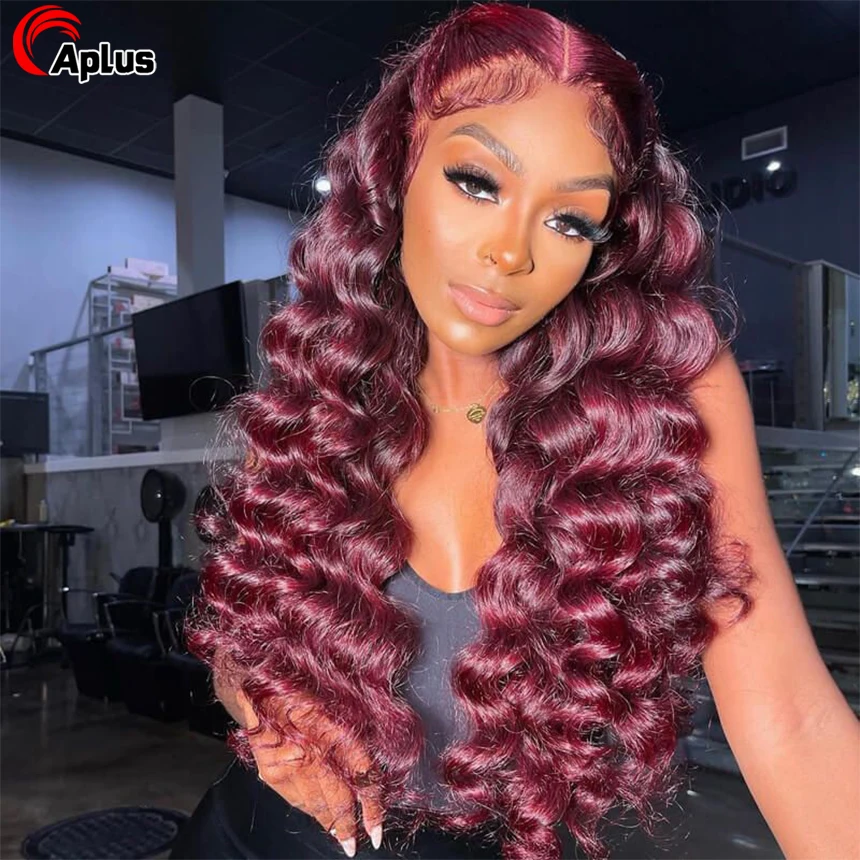 

Loose Deep Wave Wig 1B 99J Closure Lace Human Hair Wigs for Women 4x4 HD Lace Closure Wig Highlight 613 Colored Pre Plucked