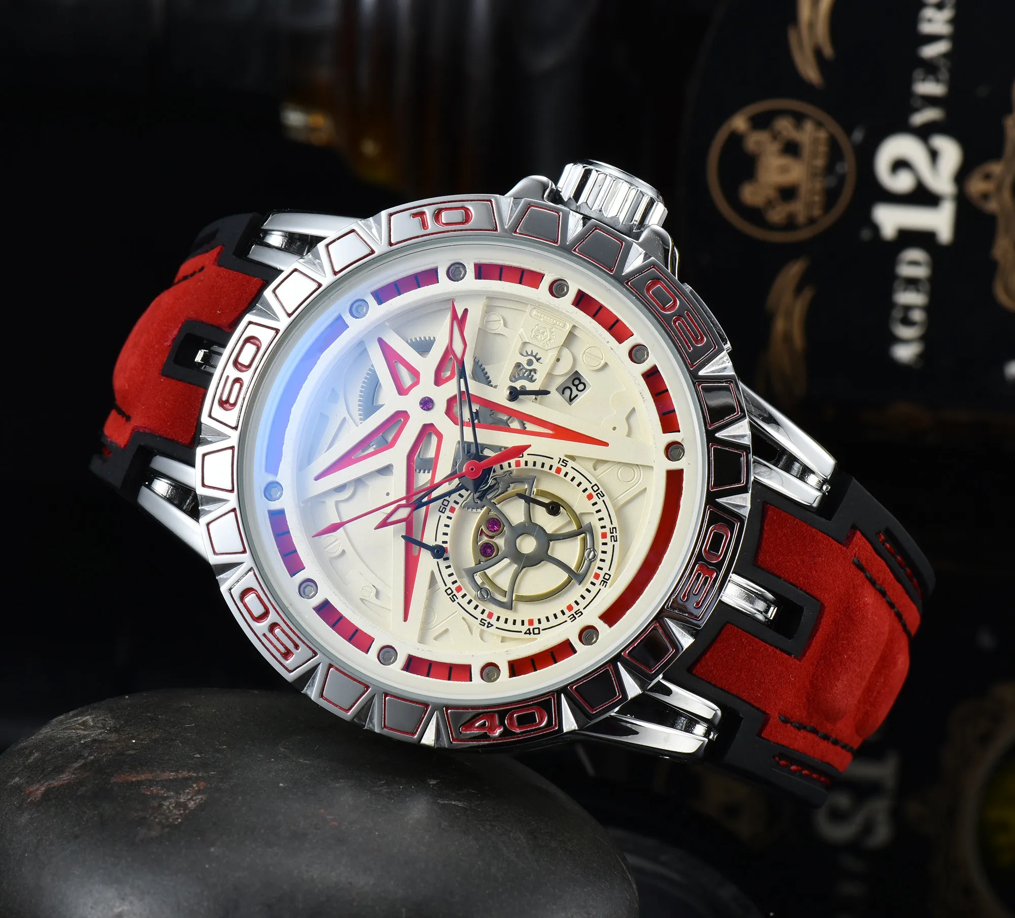 

2022 NEW high end RJ Brand Sport Quartz Multifunction Men's Watch Business Leather Man six needles Calendar Steel Wristwatch