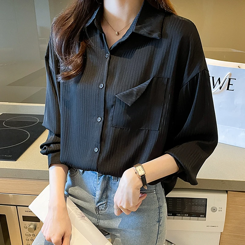 Женская рубашка с длинным рукавом Элегантная блузка карманами и темными