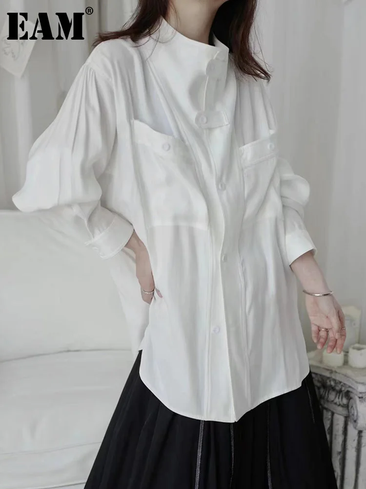 

[EAM] Женская белая винтажная Повседневная блузка большого размера, новая свободная рубашка с воротником-стойкой и длинным рукавом, модная демисезонная 2023 1DF4256
