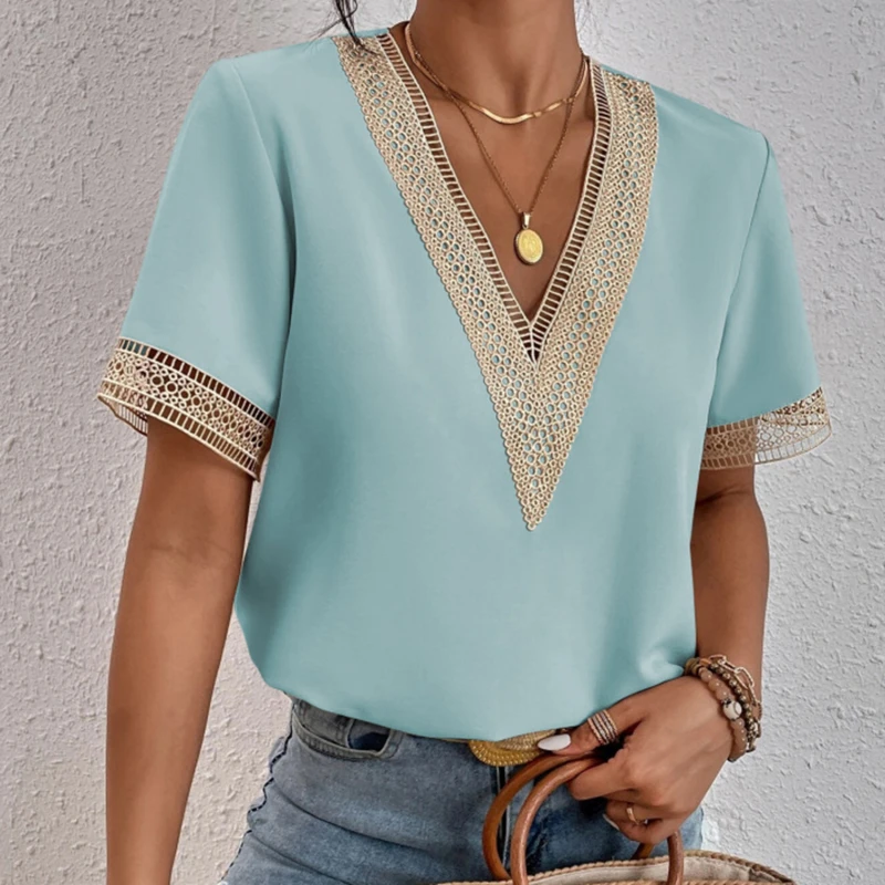 

Women's V-neck Splicing Lace Blouse Elegant Commuter Loose Short Sleeve Shirt Female 2023 Summer British Style Daily Casual Tops