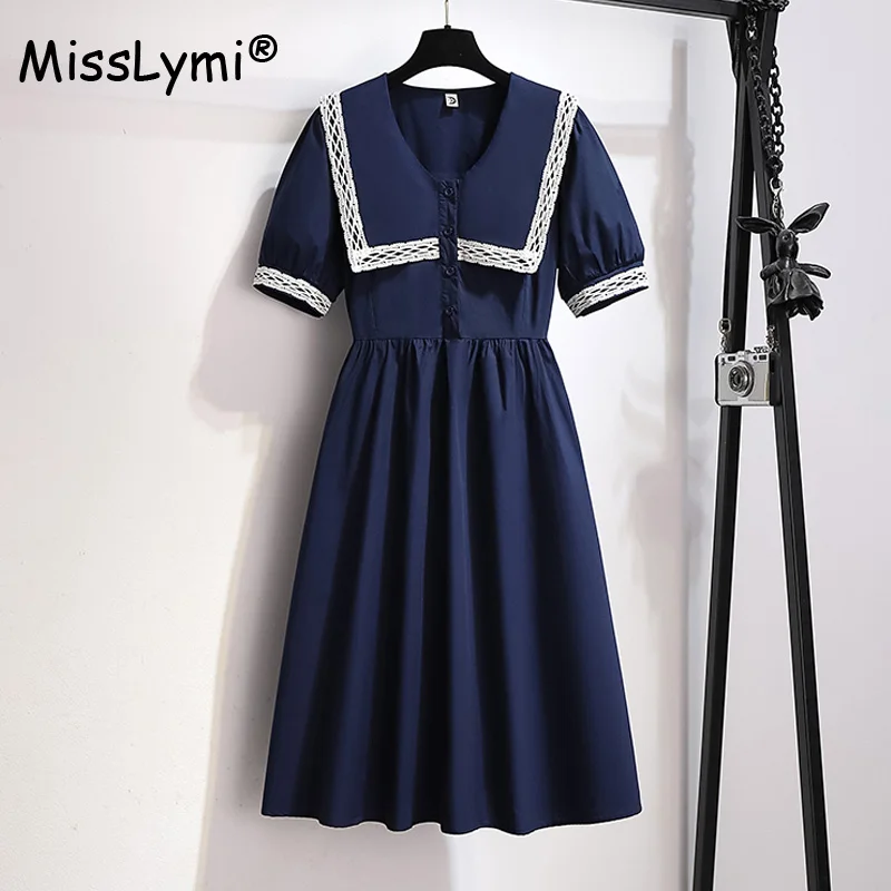 

Big Size Women Japanese Sweet Casual Dress Summer 2022 Lace Patchwork Sailor Collar Short Sleeve High Waist Cotton Dresses