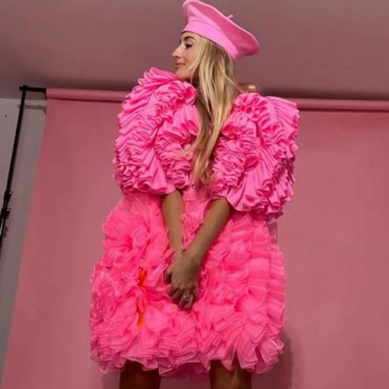 

High Neck Prom Dress Ruffles Mini Dress Ruffles Chic And Elegant Woman Dress Short Sleeve Fluffy Ball Gown Tulle Party Gows