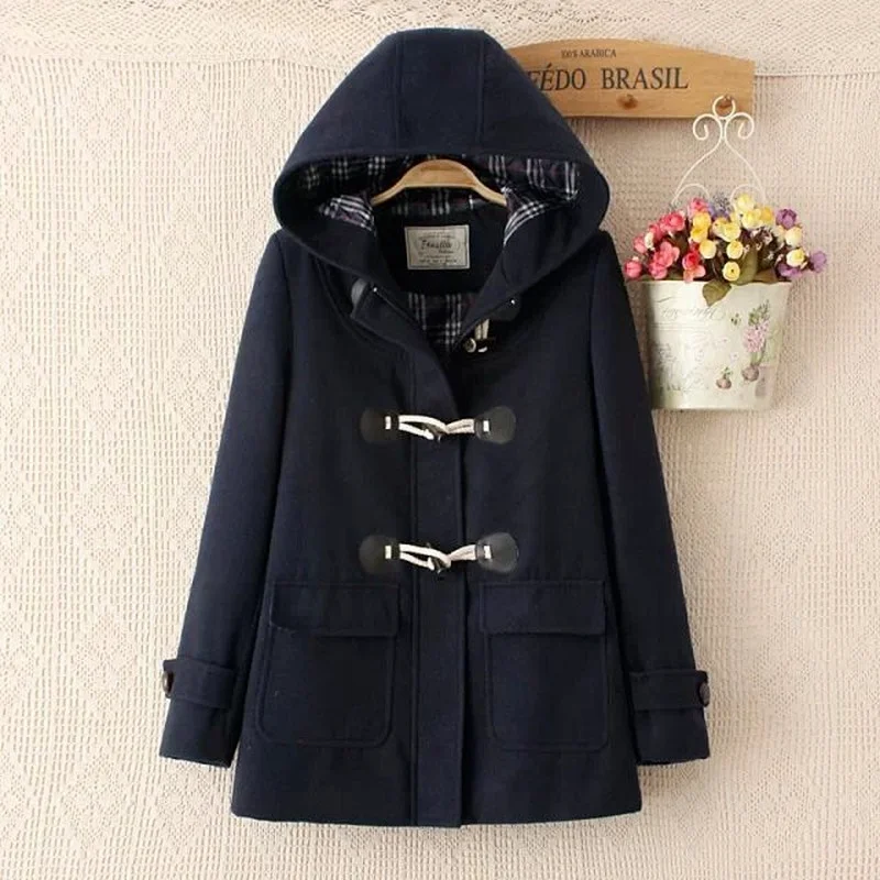 

2021 Mid-length Woolen Japanese Horn Button Hooded Long Overcoat Vintage Women Jacket College Style Winter Windproof Warm Coats