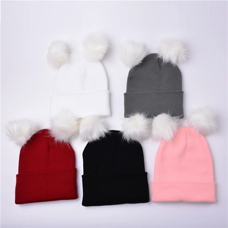 

Fashion Women Two Faux Rabbit Fur Pompom Winter Hat Thicken Skullies Beanies Cap Russian Personality Windproof Knitted Cap