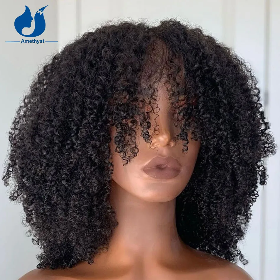

Amethyst Real Scalp Top Human Hair Wigs With Bangs Full Machine Made Brazilian Afro Kinky Curly Wig 200 Density Remy For Women