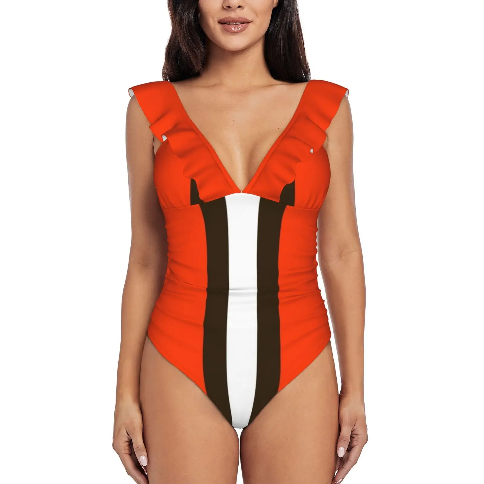 

Слитный купальник с оборками для футбола, женский купальник, монокини с пуш-ап, пикантный купальный костюм с принтом, коричневый, оранжевый, ...