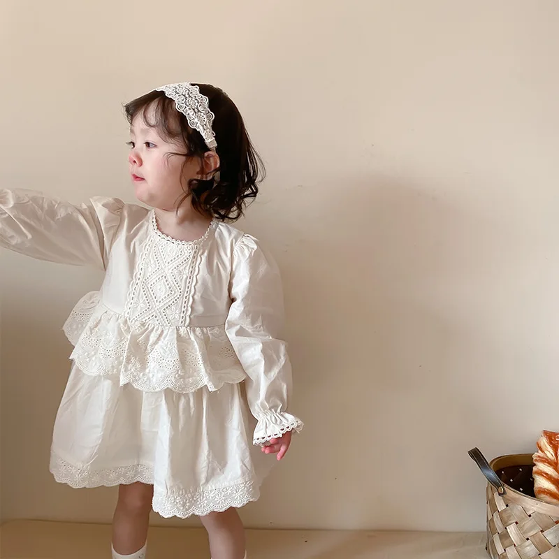 

2022 New Arrival Spring Girls Long Sleeve Dress Little Princess Cute Pure White Lace Cotton Casual All-match Dresses