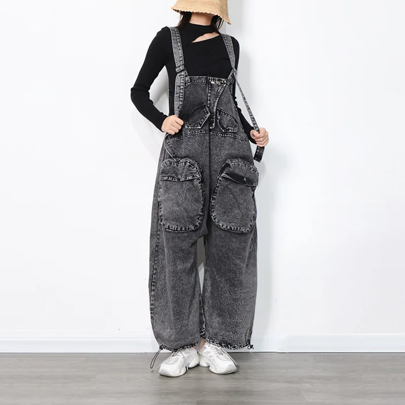 One Piece Jeans Trendy Black 2022 New Loose Version Large Pockets Jumpsuits Women Vintage Stitching Personality Casual Overalls
