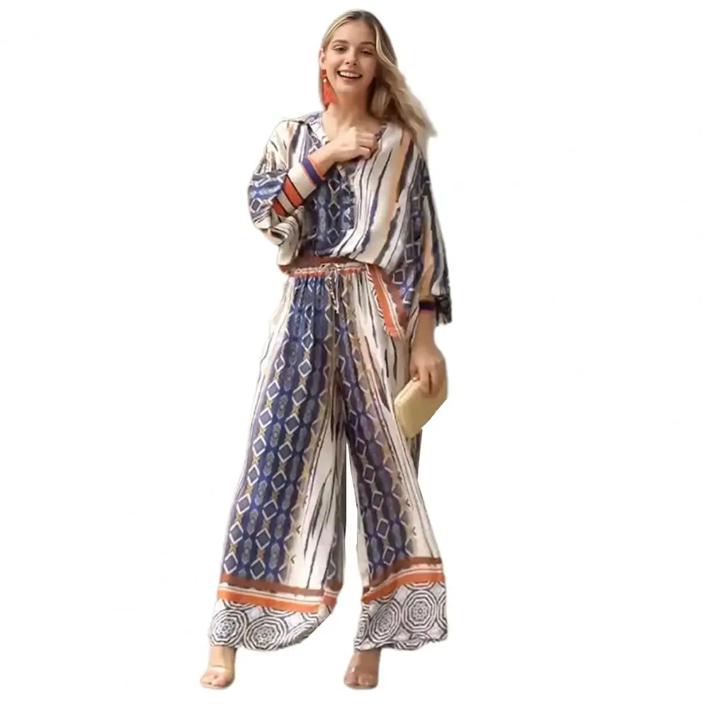 Женский свободный комплект в богемном стиле пляжный с рубашкой длинным рукавом и