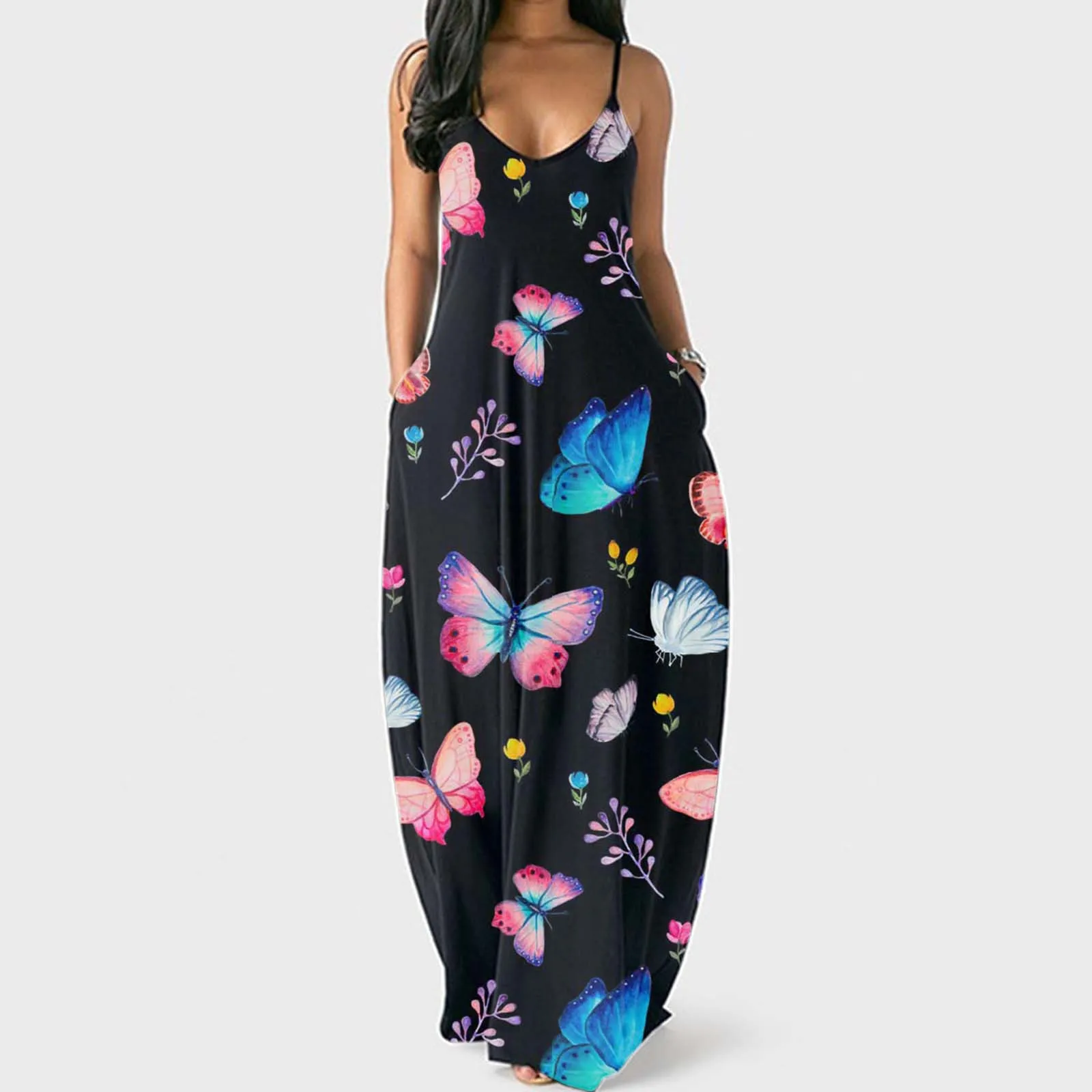 

Women O-Neck Dresses Pullover Long Sleeveless Summer Butterfly Print Flower Size Plus Women'S Dress Beach Holiday Robe Dresses
