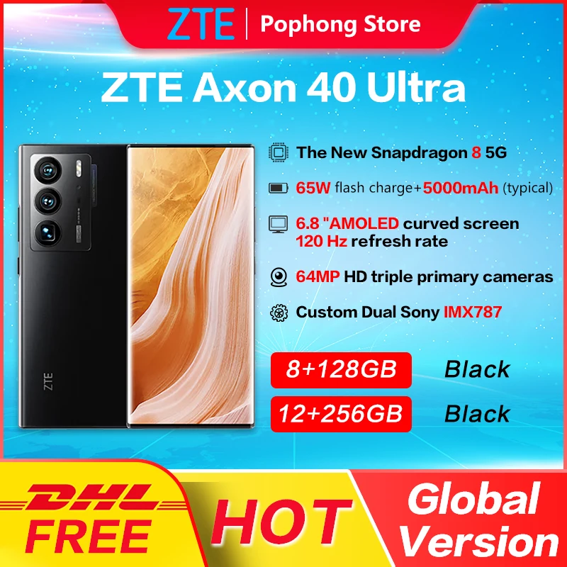 Global Version ZTE Axon 40 Ultra MobilePhone 6.8'' flexible Curved Under Camera Snapdagon 8 Gen 1 Ocat Core 64MP Triple Cameras