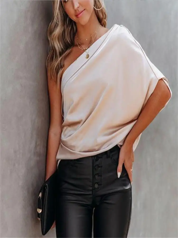 

NEW Women's Satin Top Slant Blouse Fashion Personality Clothing