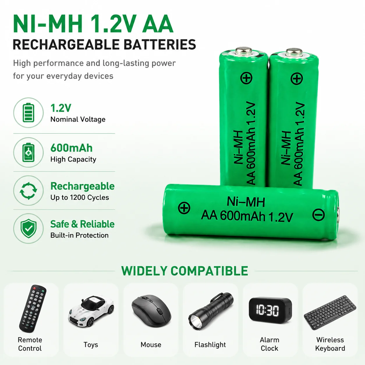 Фото Аккумуляторные батарейки AA NiMH 600 мАч 1,2 В с длительным сроком службы для солнечных ламп, светодиодных фонарей, электробритв, беспроводных мышей, микрофонов №2