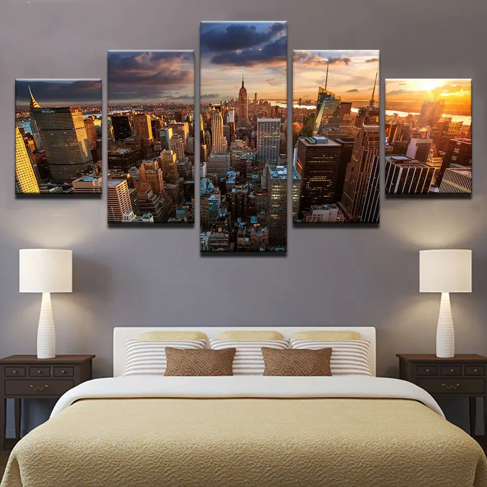 

New York Skyline Empire State Building At Sunset 5 Panel Canvas Print Wall Art HD Print Pictures Poster Home Decor No Framed