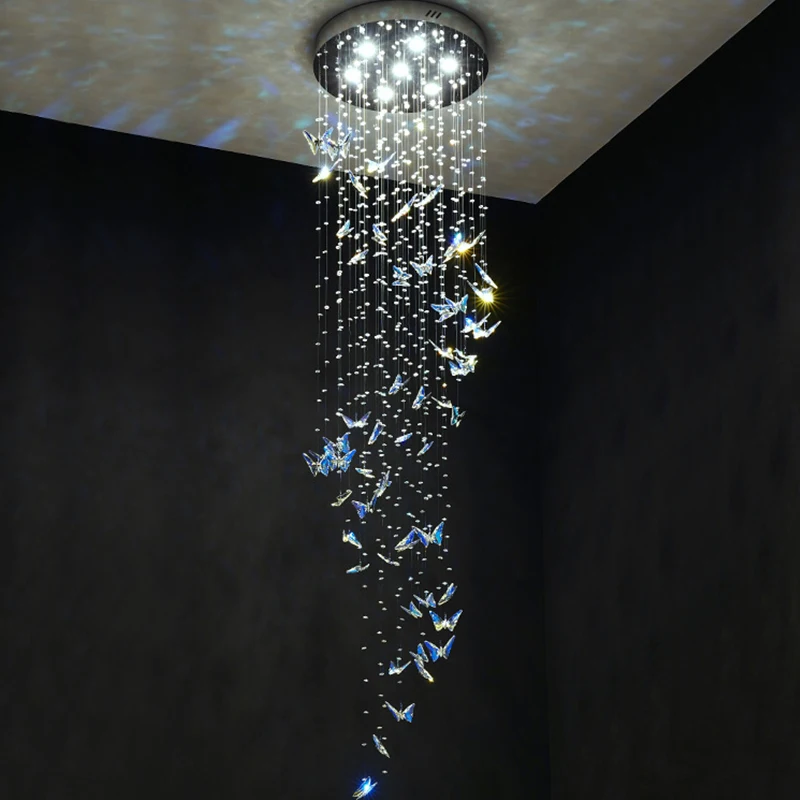 

Butterfly Crystal Staircase Chandelier Modern Cristal Long Hanging Lamps For Living Room Luxury Led Indoor Home Large Luminaire