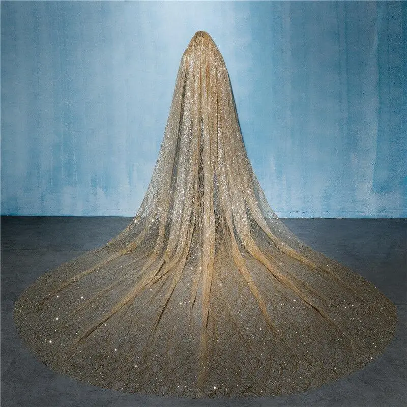 

Bridal Veils Bling 3 Meters Long Wedding Veil Gold Bride Hairpiece Cathedral Train Velos De Novia