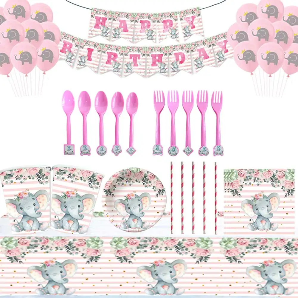

New Pink Elephant Flower Theme Children's Birthday Party Cutlery Paper Plate Cup Balloon Banner Napkin Decoration Set Supplies