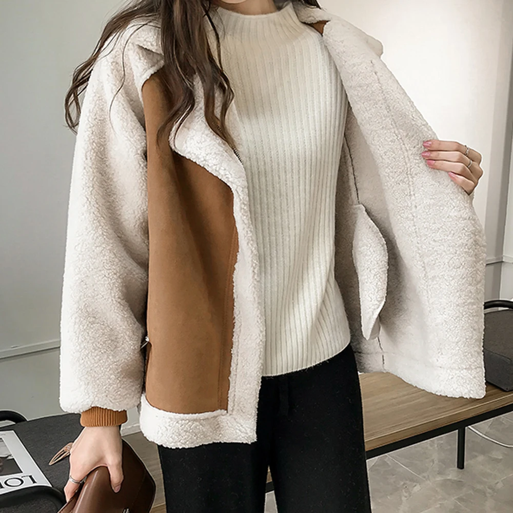 2023 New Autumn Winter Woman Faux Suede Warm Jacket Coat Vintage Lamb Wool Warm Long Sleeve Casual Loose Zipper Ladies Outerwear