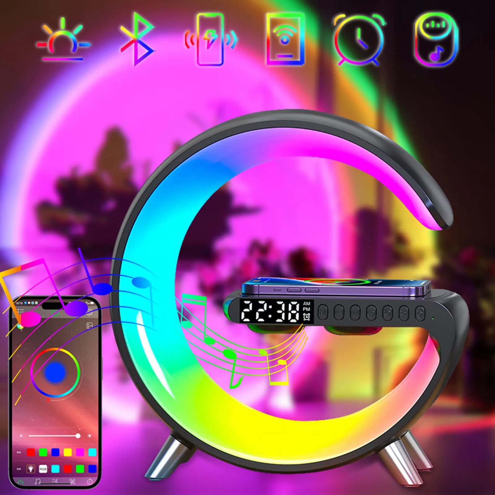 

RGB Big G Table Lamp Bluetooth Speaker APP Control Music Rhythm Pickup Clock Alarm Clock Smart Home Colorful Atmosphere Lights