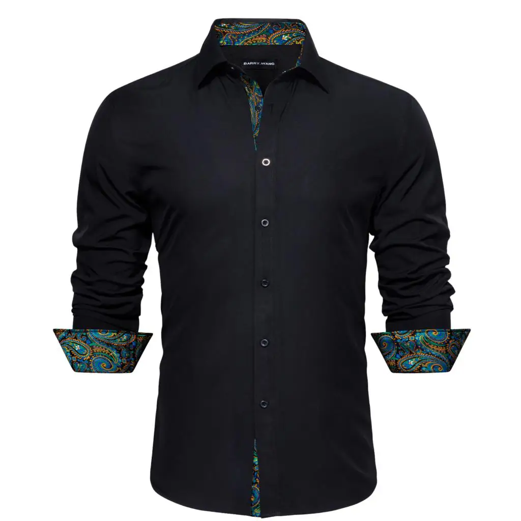 

Luxury Men's Shirts Silk Long Sleeve Black Solid Patch Green Paisley Slim Male Blouse Spring Autumn Lapel Tops Barry Wang
