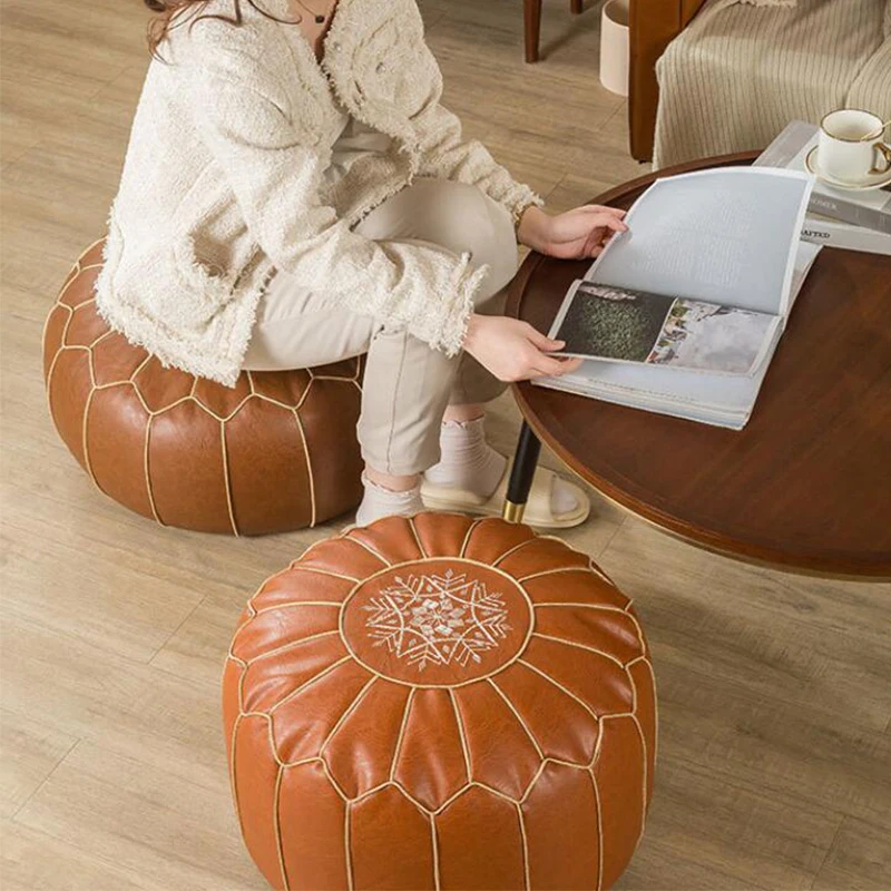 PU Leather Moroccan Cushion Cover Tatami Round Seat Pier With Portable Handle Floor Ottoman Footstool Unstuffed Sitting Pillow