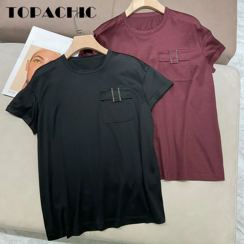 

7.6 High Quality Temperament Classic Silk Cotton Pocket Chain Decoration Short Sleeve Loose T-Shirt Women