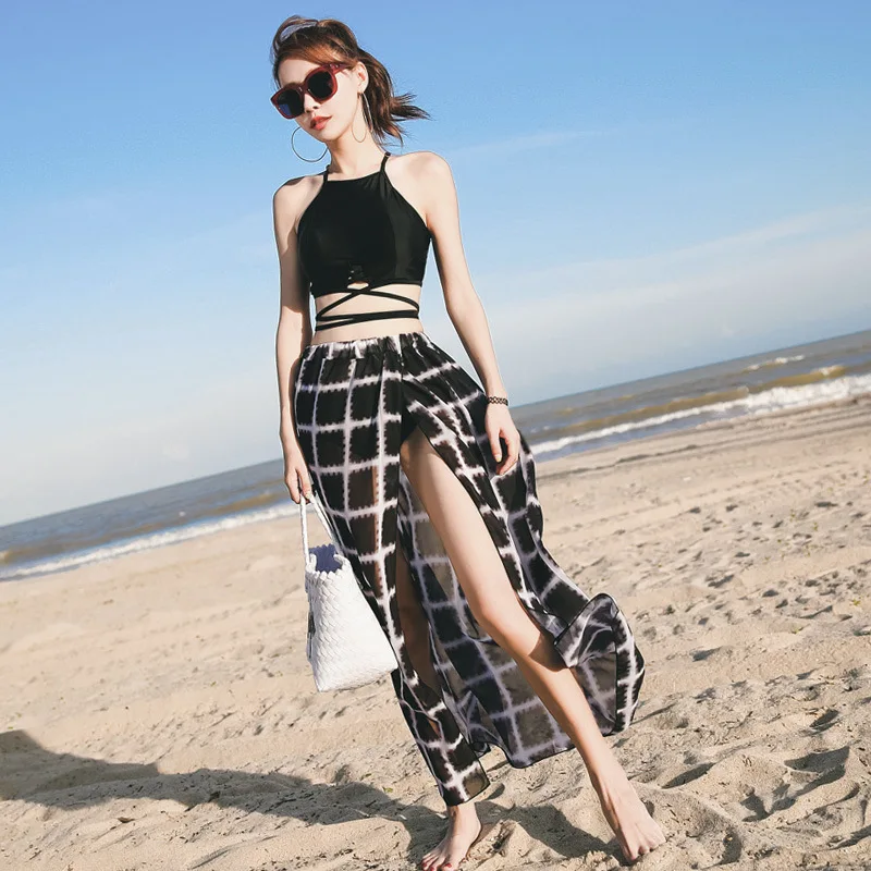 New Korean style swimwear three-piece suit small fragrance wind ladies conservative turquoise bikini split swimsuit milk silk