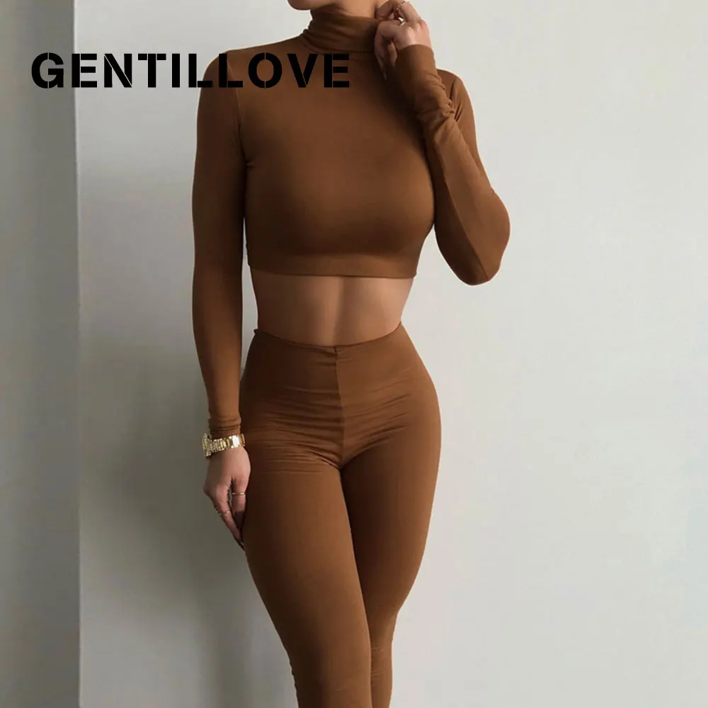 

Casual Long Sleeve Turtleneck Crop Tops High Waist Sweatpants Two Pieces Set Elegant Spring Yoga Suits Women Tracksuit Outfits