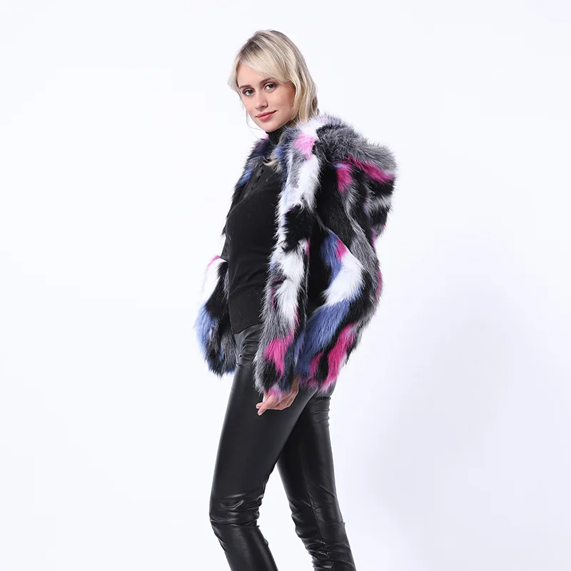 Women's Fur Jacket Mid-Length Fox Fur Colored Mosaic Fur Coat Female Furry Coat Female Faux Fur Coat