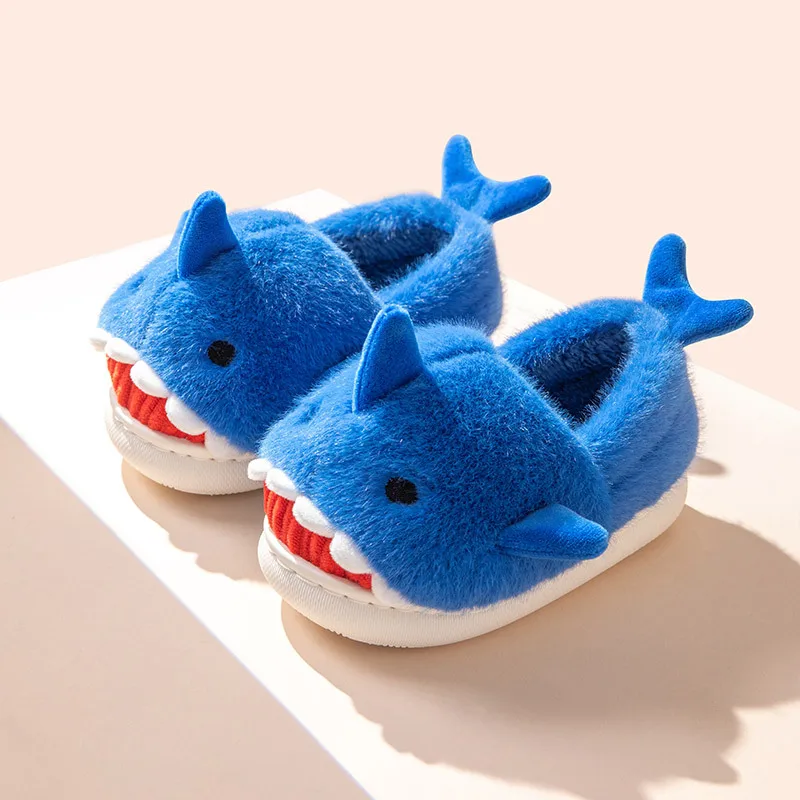 

2023 Children Cotton Slippers for Parent-child Winter Home Shark Shoes for Kids Boy Cartoon Cotton Slippers Toddler Girls Shoes
