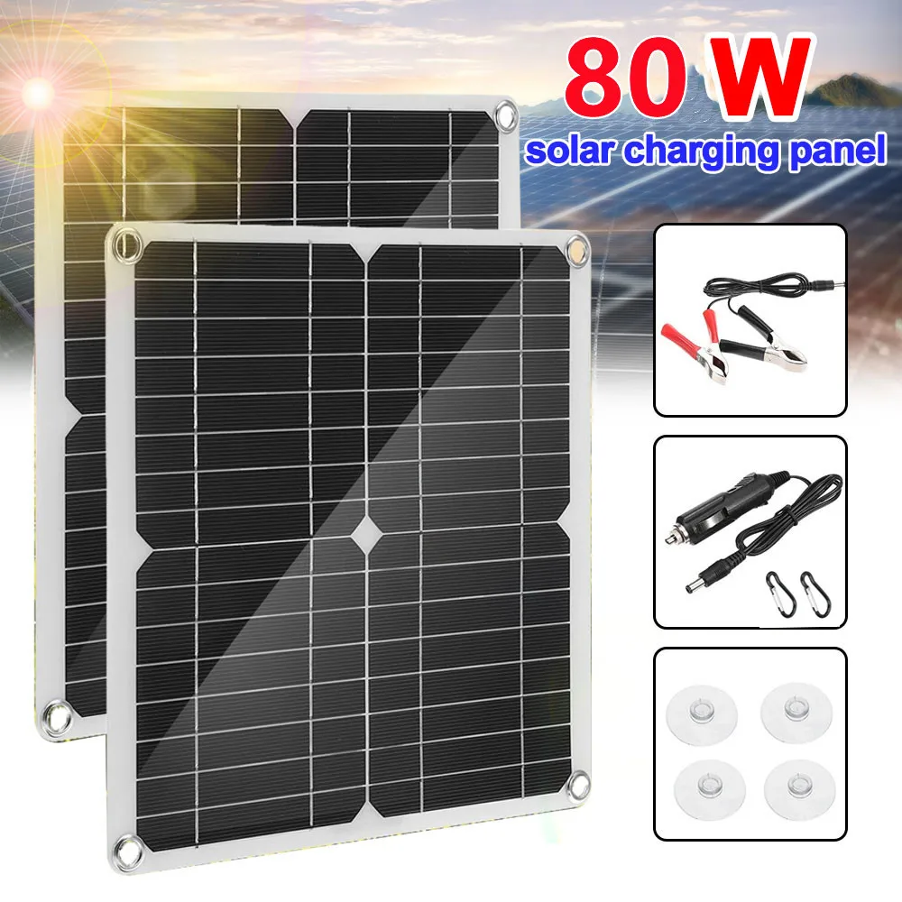 80W Flexible Solar Panel Dual USB Output Solar Panel Outdoor Camping Hiking Travel Car and Boat Moblie Phone Battery Charger