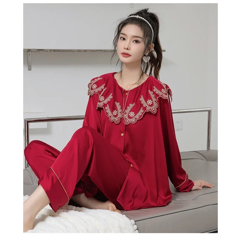 Lisacmvpnel 2022 Autumn Ice Silk Pajamas Women's Long Sleeve Embroidery Cloud Shoulder Pajama Set