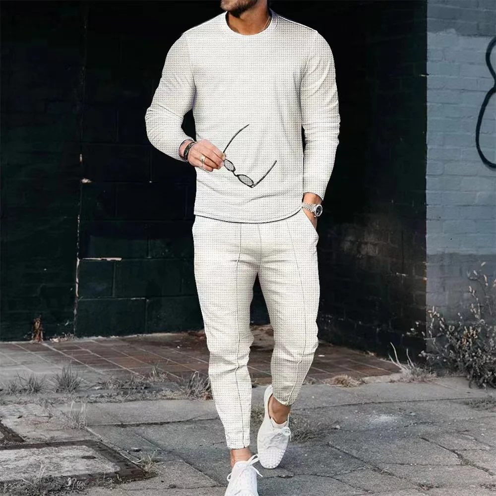 2023 Spring and Autumn Waffle long sleeve + sweatpants men's crewneck sweatshirt men's street vintage 2-piece set