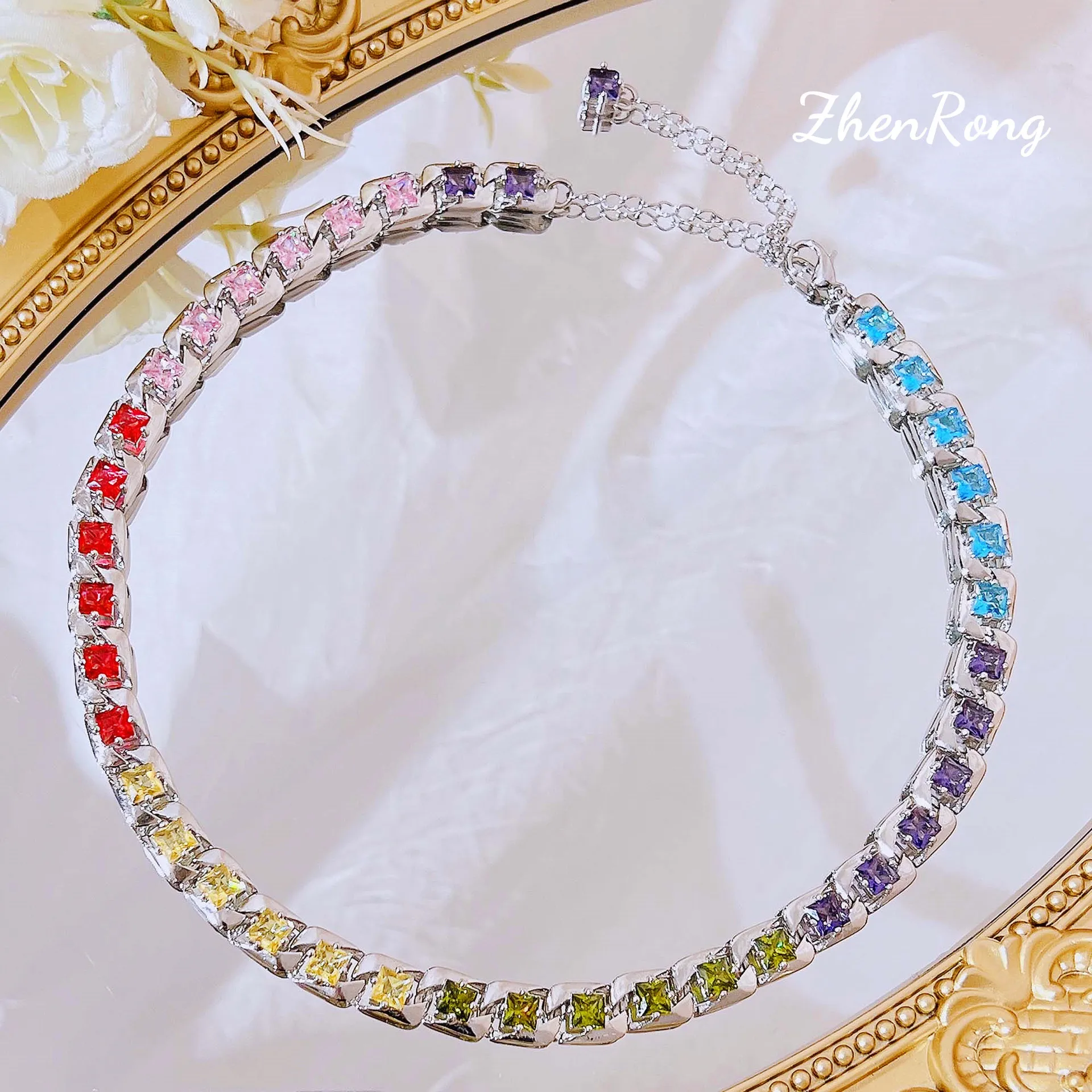 

New Luxury Color Rainbow Tourmaline Choker Necklaces For Women Charm Clavicle Chain Cuban Bracelets Jewelry Sets collier femme