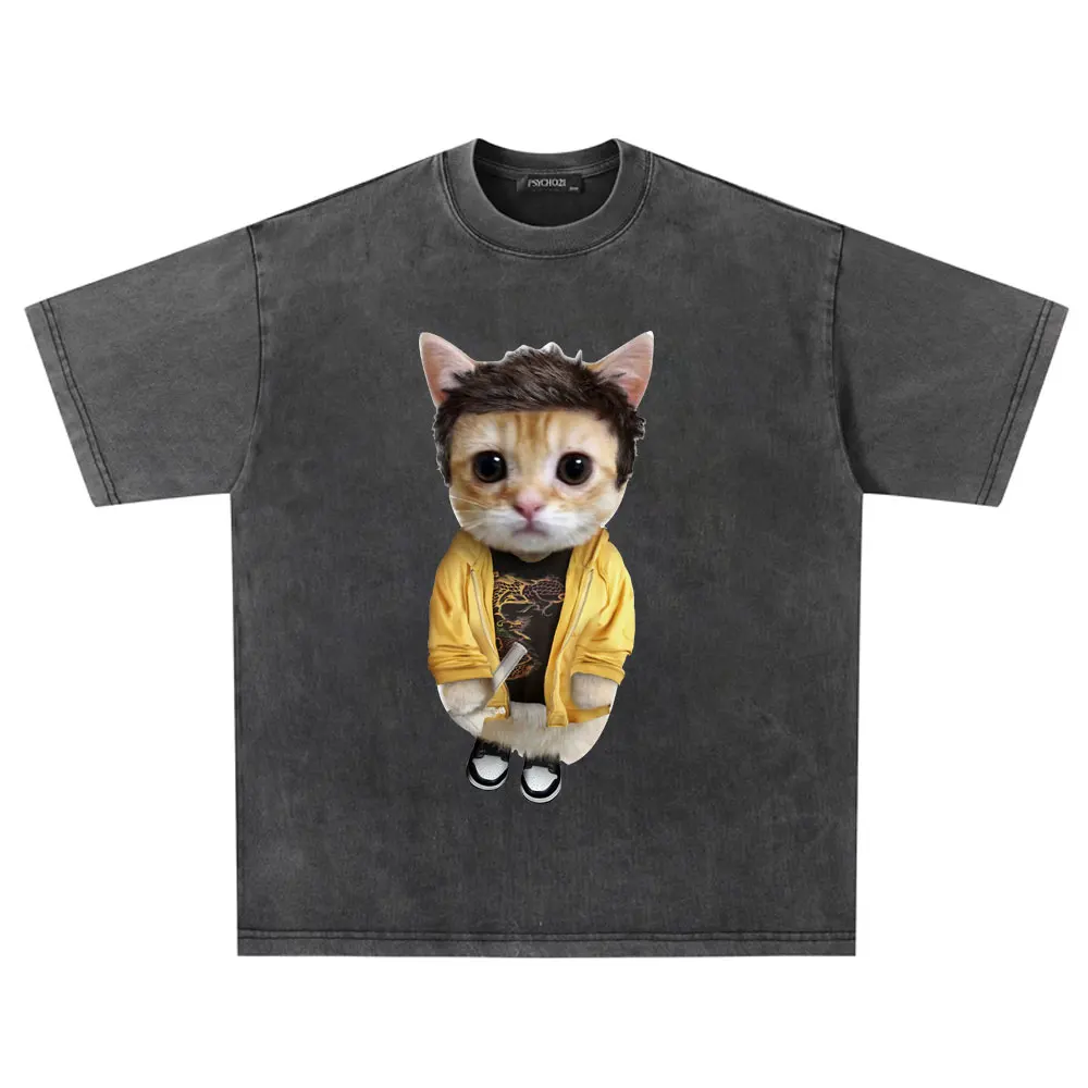 

El Gato Meme Sad Crying Cat Munchkin Kitty Meme Graphic T-shirt Men Women Fashion Washed Black Grey Short Sleeve Tees Streetwear