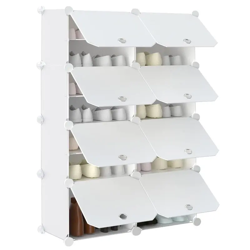 

Shoe Rack Organizer, Expandable & Stackable 28 Pairs Plastic Portable Shoe Storage Cabinet with Door Tower Shelf for Entryway Cl