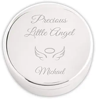 

Moments Personalized Small Round Jewelry Keepsake Box that has Custom Engraved Cross and Message for Baby Baptism, Silver Toned