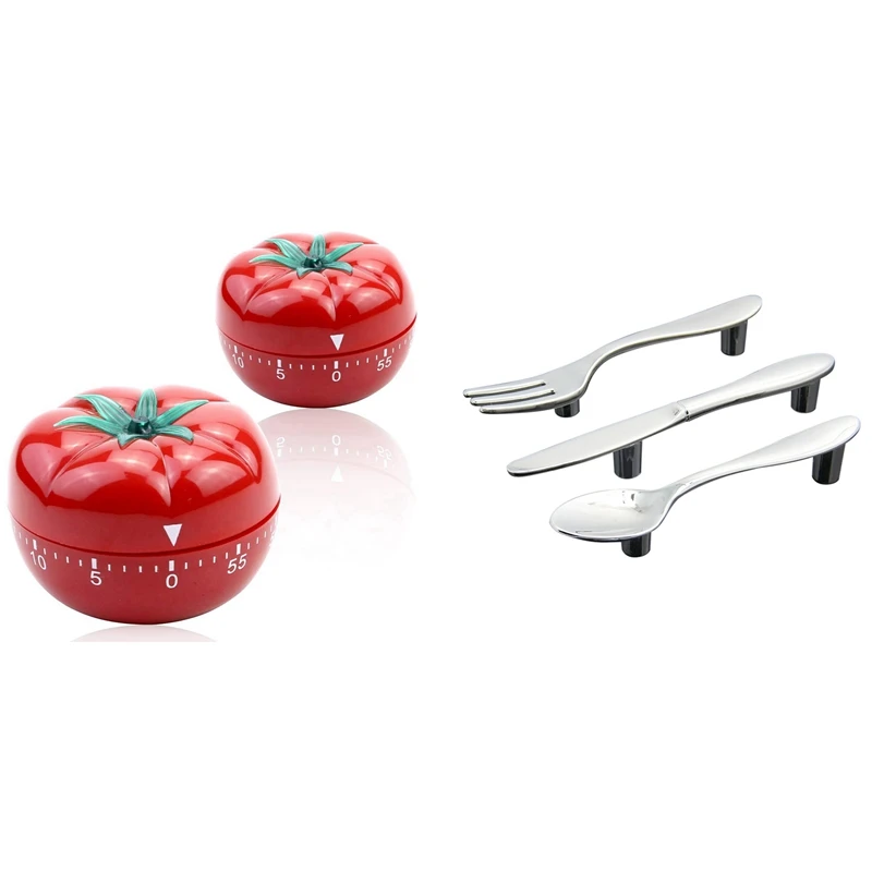 

3 Pcs Silver Kitchen Cabinet Drawer Pull Handles Knobs (Knife Fork Spoon) With Kitchen Timer Baking Alarm Clock